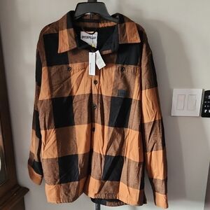 Caterpillar Black & Brown Plaid Shirt Jacket. Sherpa-Lined Plaid Flannel Shacket